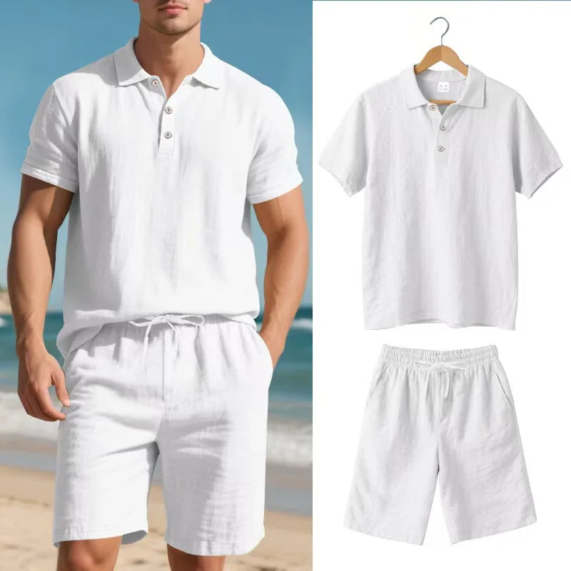 Nico Men’s Linen Set – Two-Piece Lightweight Outfit with Full Button Shirt & Drawstring Shorts