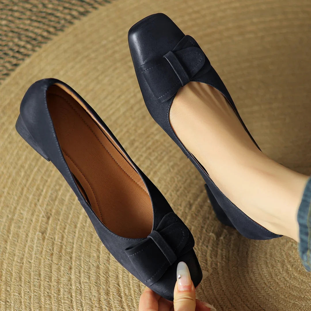 Marigold Women’s Leather Pump Heels – Square Toe Bow Detail Slip-On Shoes