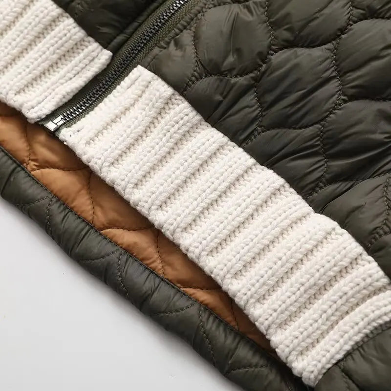 Anne Women’s Quilted Jacket – Textured Knit Sleeve Contrast with Zip-Up Closure