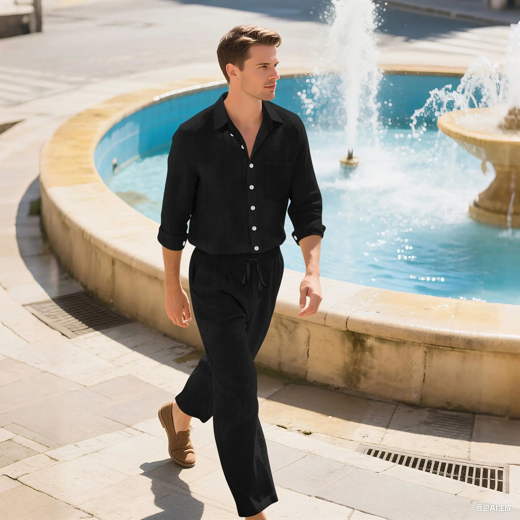 Newbert Men’s Linen Two Piece Set – Long-Sleeve Button Shirt & Relaxed Pants
