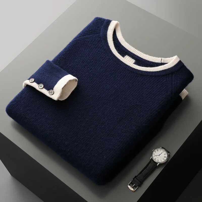Romano Men’s Knit Sweater – Wool Pullover with Contrast Stripe Detail