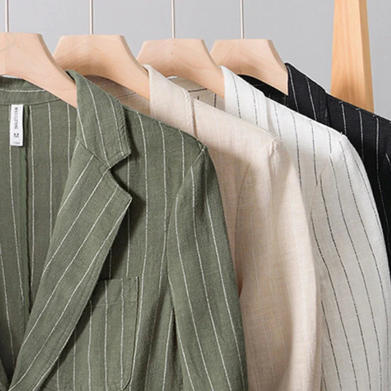Wesley Men’s Linen Blazer –Organic Pinstripe Jacket with Classic Closure