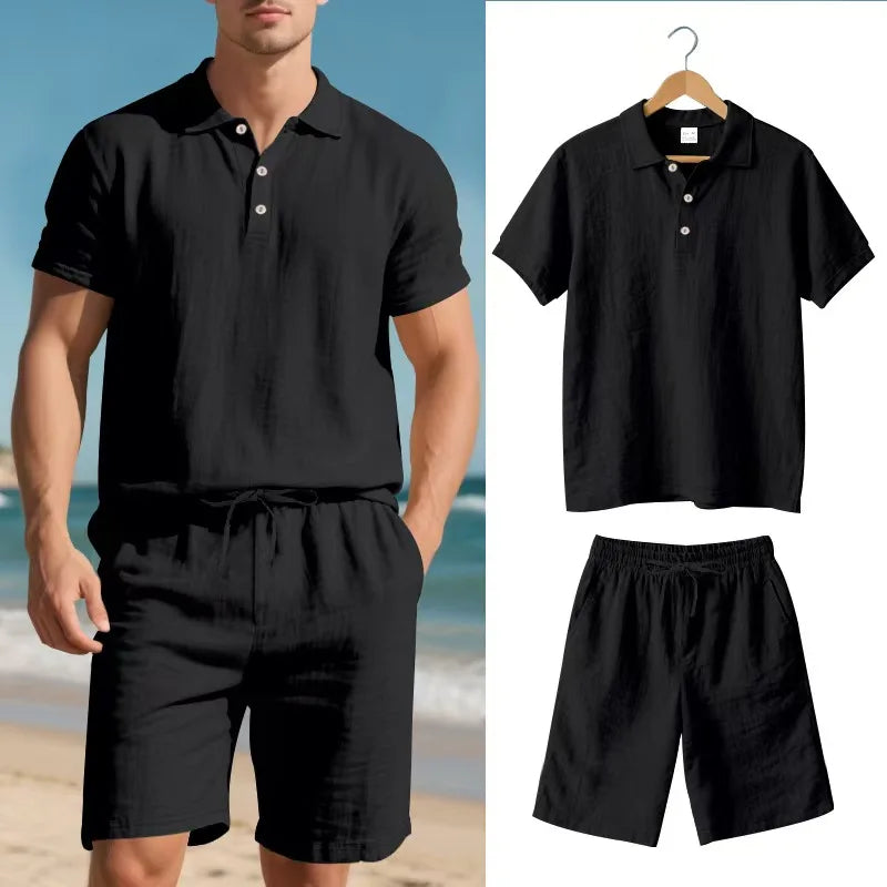Nico Men’s Linen Set – Two-Piece Lightweight Outfit with Full Button Shirt & Drawstring Shorts