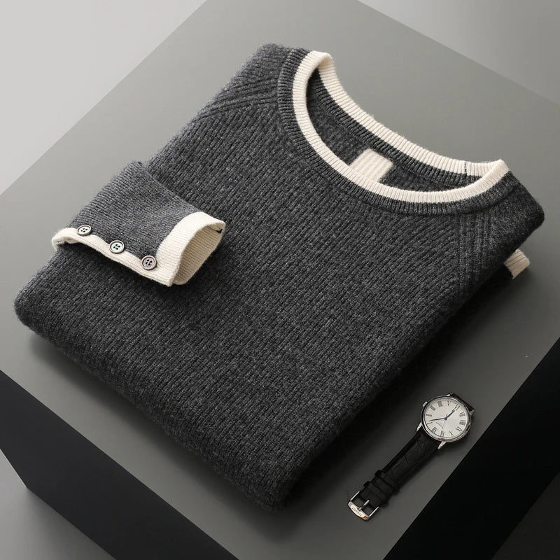 Romano Men’s Knit Sweater – Wool Pullover with Contrast Stripe Detail