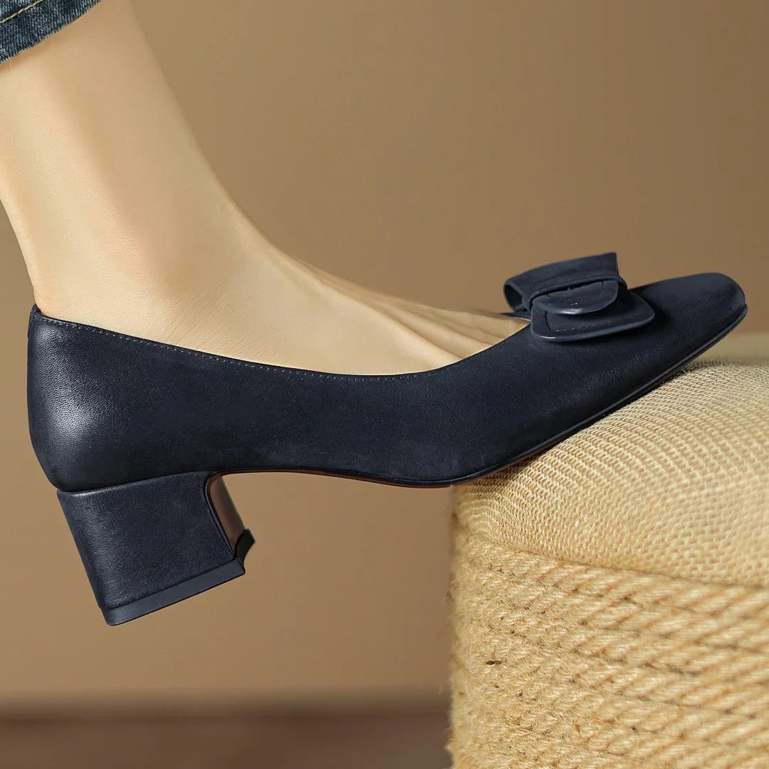 Marigold Women’s Leather Pump Heels – Square Toe Bow Detail Slip-On Shoes