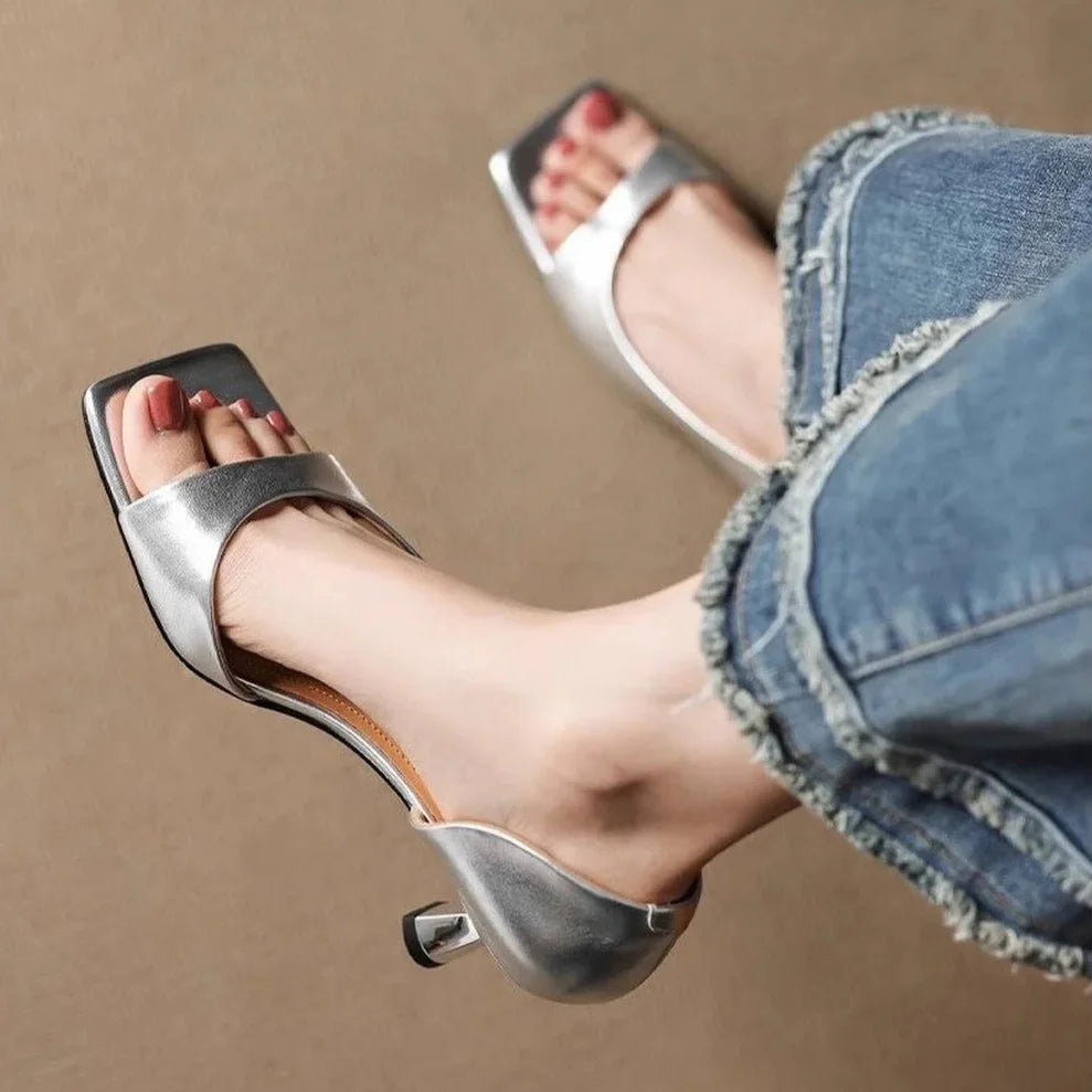 Claudia Women’s Leather Heels – Square Toe Mid Heel Sandals