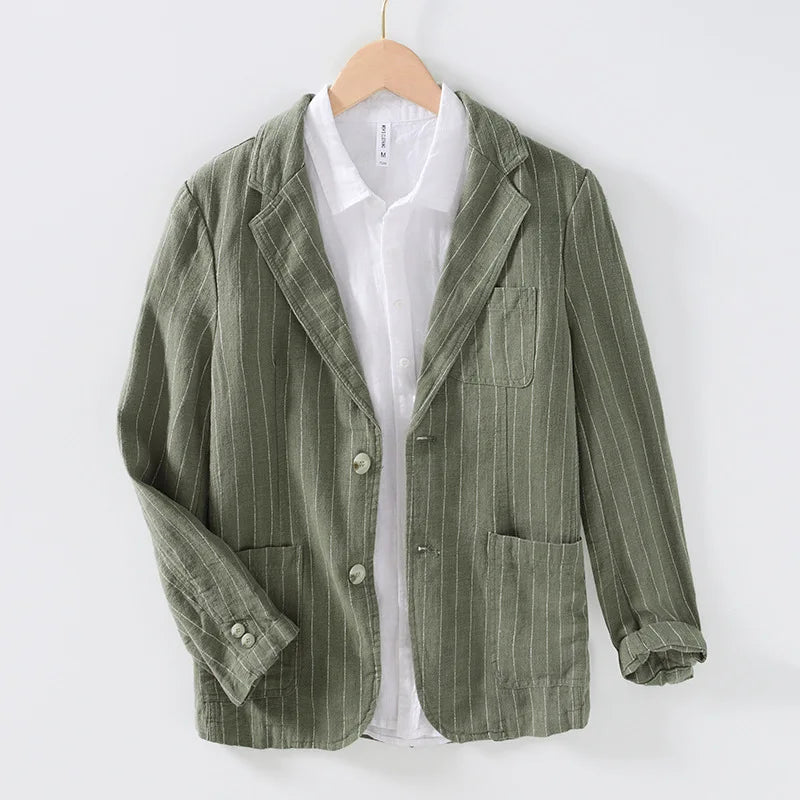 Wesley Men’s Linen Blazer –Organic Pinstripe Jacket with Classic Closure