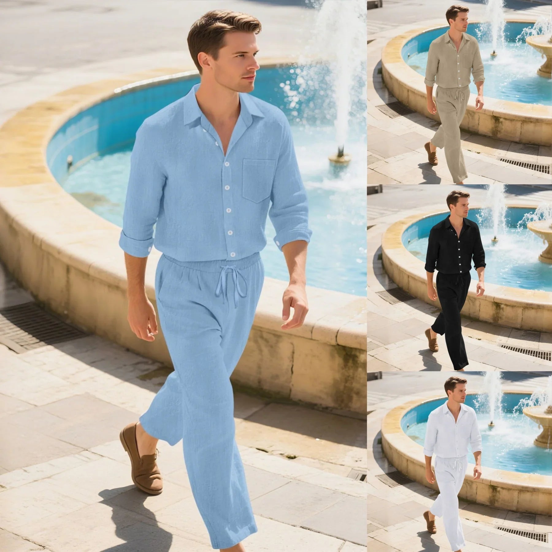 Newbert Men’s Linen Two Piece Set – Long-Sleeve Button Shirt & Relaxed Pants