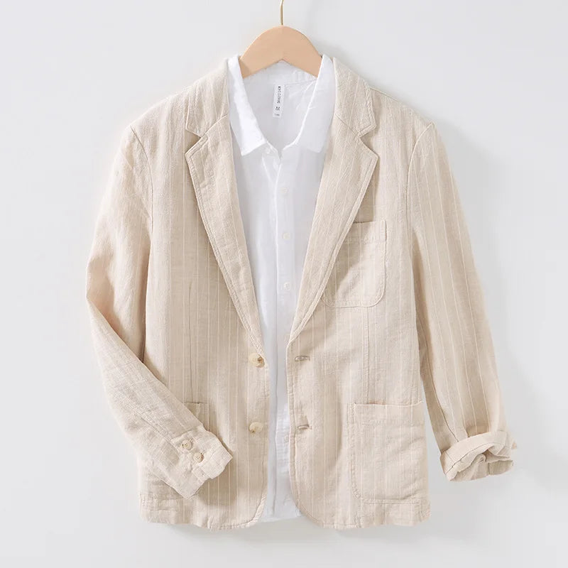 Wesley Men’s Linen Blazer –Organic Pinstripe Jacket with Classic Closure
