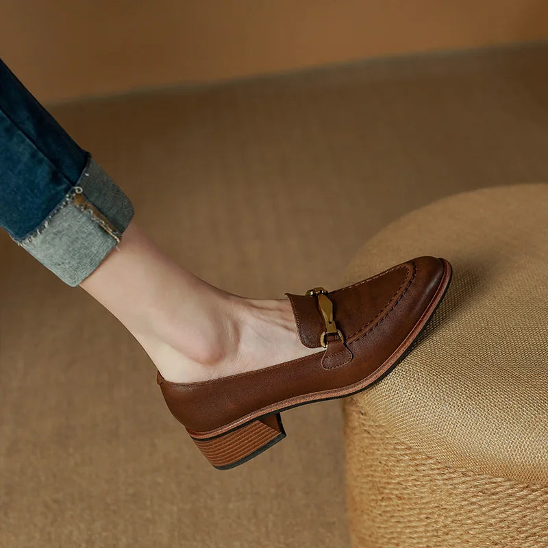 Cristy Women’s Leather Loafers – Heeled Slip-On Dress Shoes with Gold Horsebit Detail