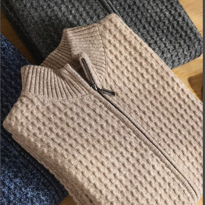 Esteban Men’s Zip Sweater – Lightweight  Merino Wool with Waffle-Knit Texture