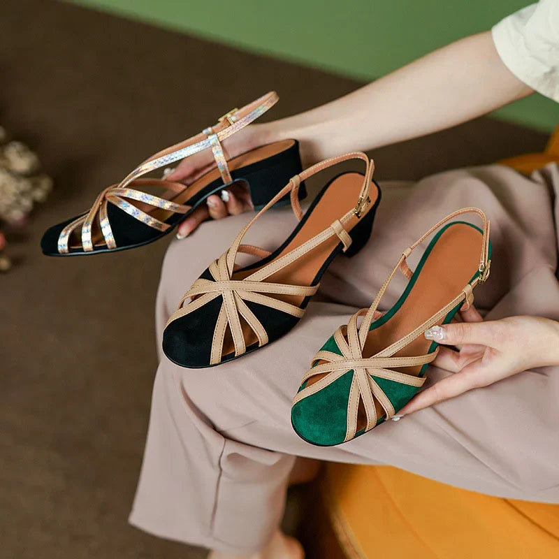 Savannah Block Heel Sandals – Soft Green Suede with Two-Tone Straps 4