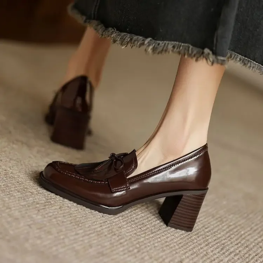 Savannah Chic Leather Loafer Pumps – Stylish Tassel Detail & Comfortable Block Heel 6