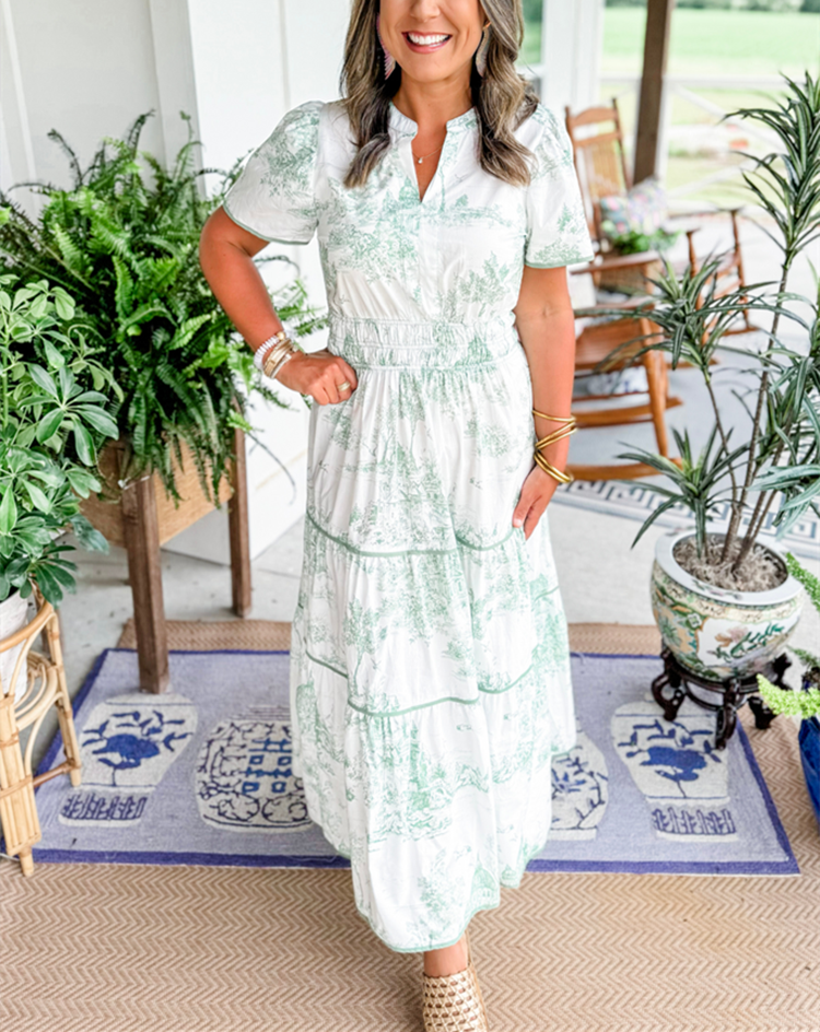 Savannah Green & White Maxi Dress – Flattering Smocked Waist & Tiered Skirt for Women 6