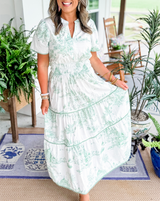 Savannah Green & White Maxi Dress – Flattering Smocked Waist & Tiered Skirt for Women 8