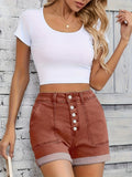 Savannah High-Waist Denim Shorts – Soft Stretch Fabric with Rolled Cuffs 0