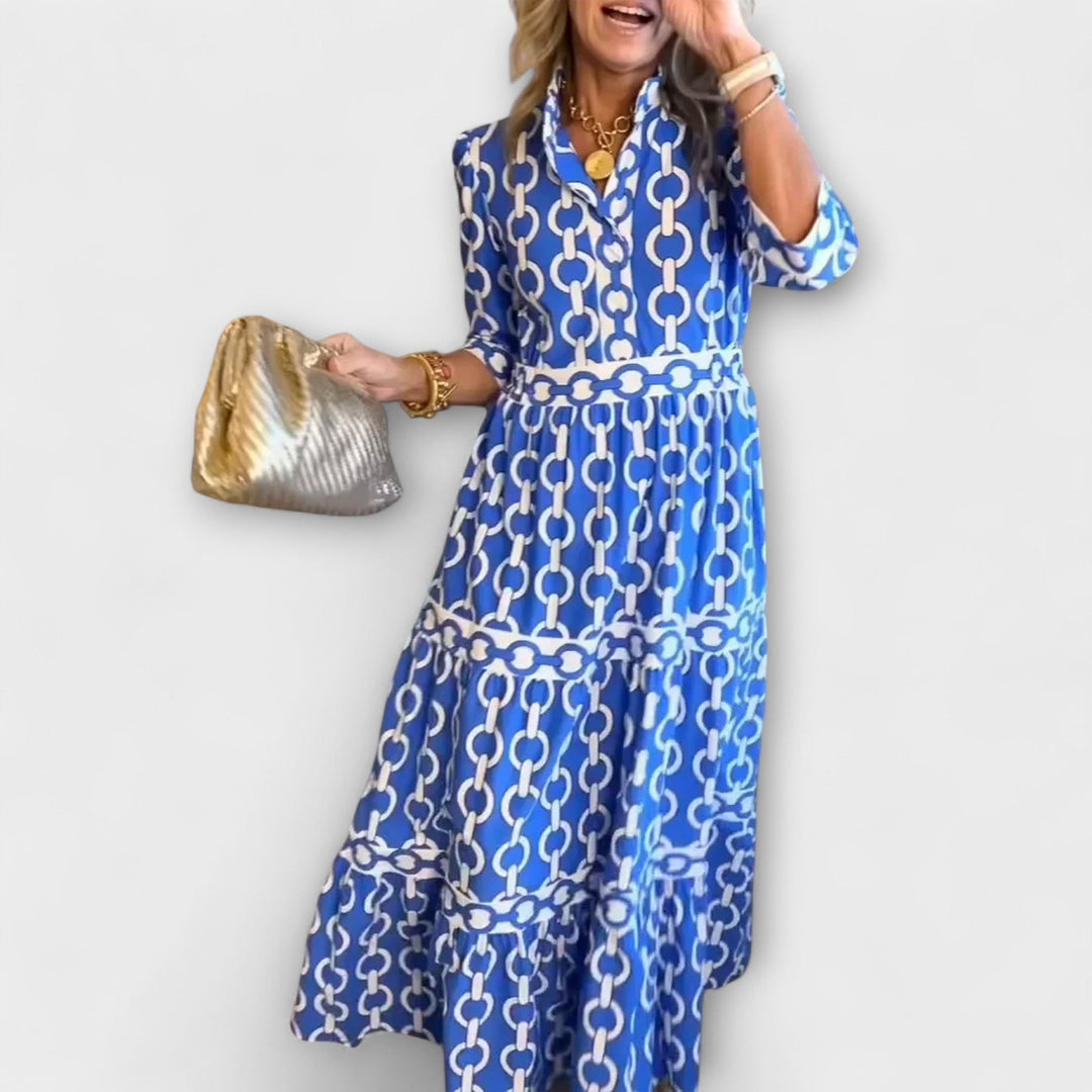 Savannah Midi Dress with Sleeves – Flattering Gathered Waist & Chain Print 0