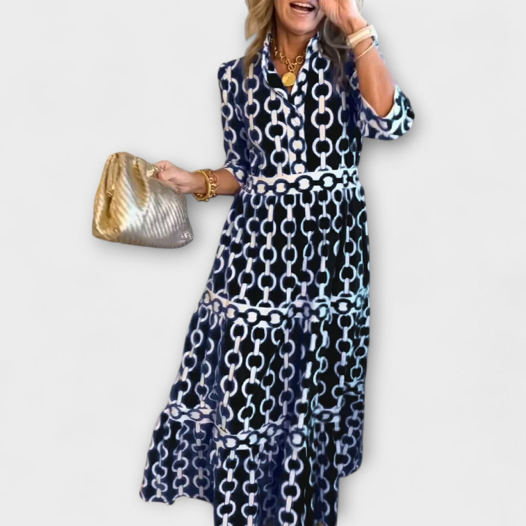 Savannah Midi Dress with Sleeves – Flattering Gathered Waist & Chain Print 1