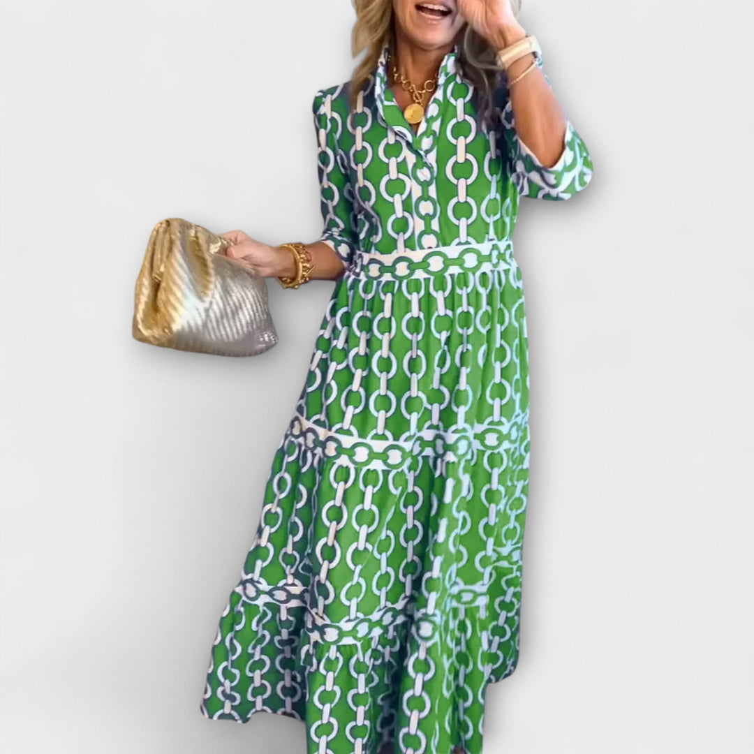 Savannah Midi Dress with Sleeves – Flattering Gathered Waist & Chain Print 2