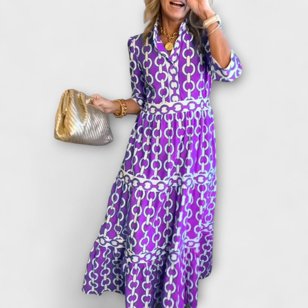 Savannah Midi Dress with Sleeves – Flattering Gathered Waist & Chain Print 3