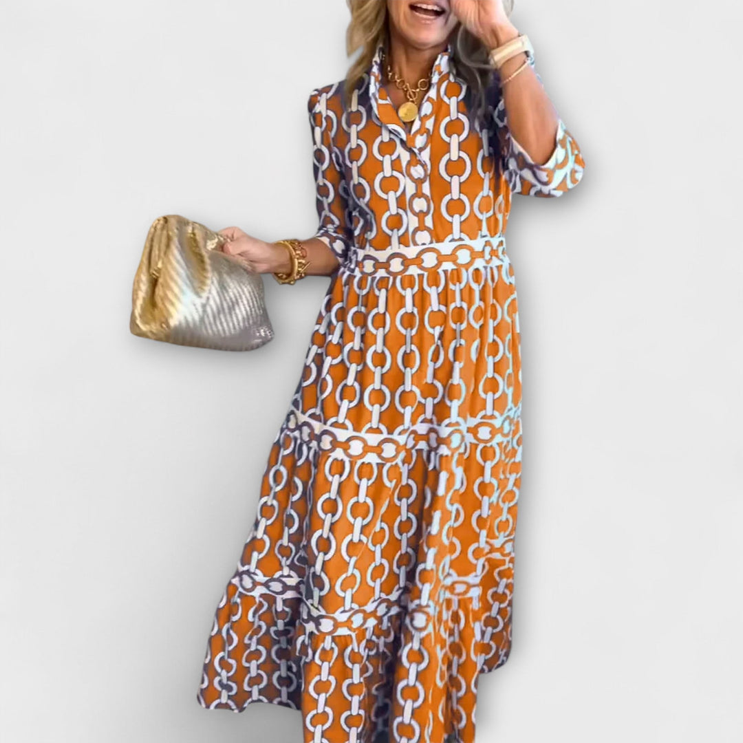 Savannah Midi Dress with Sleeves – Flattering Gathered Waist & Chain Print 4