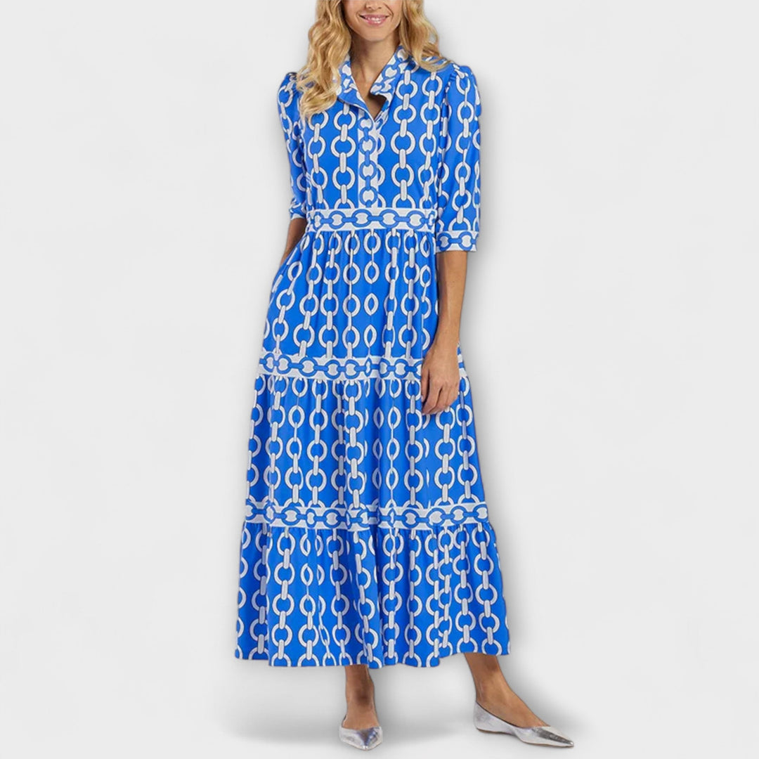 Savannah Midi Dress with Sleeves – Flattering Gathered Waist & Chain Print 5