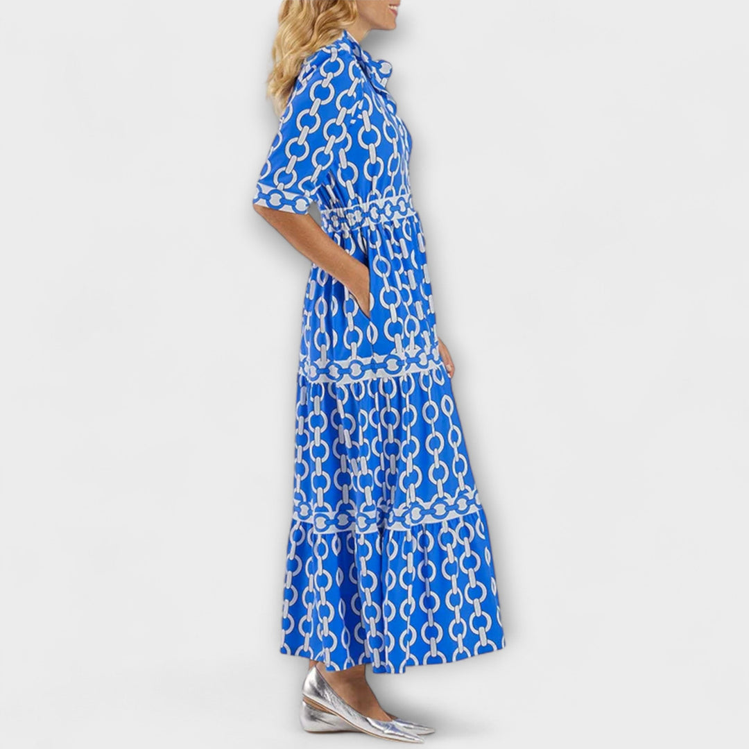 Savannah Midi Dress with Sleeves – Flattering Gathered Waist & Chain Print 6