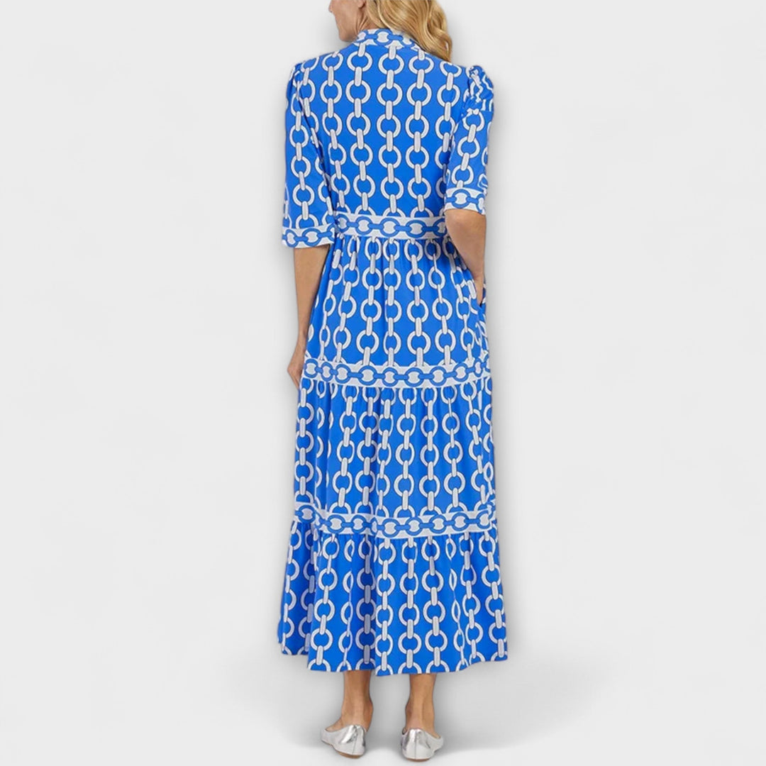 Savannah Midi Dress with Sleeves – Flattering Gathered Waist & Chain Print 7