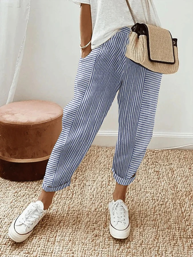 Savannah Relaxed Striped Pants - Lightweight Fabric with Adjustable Waist 0