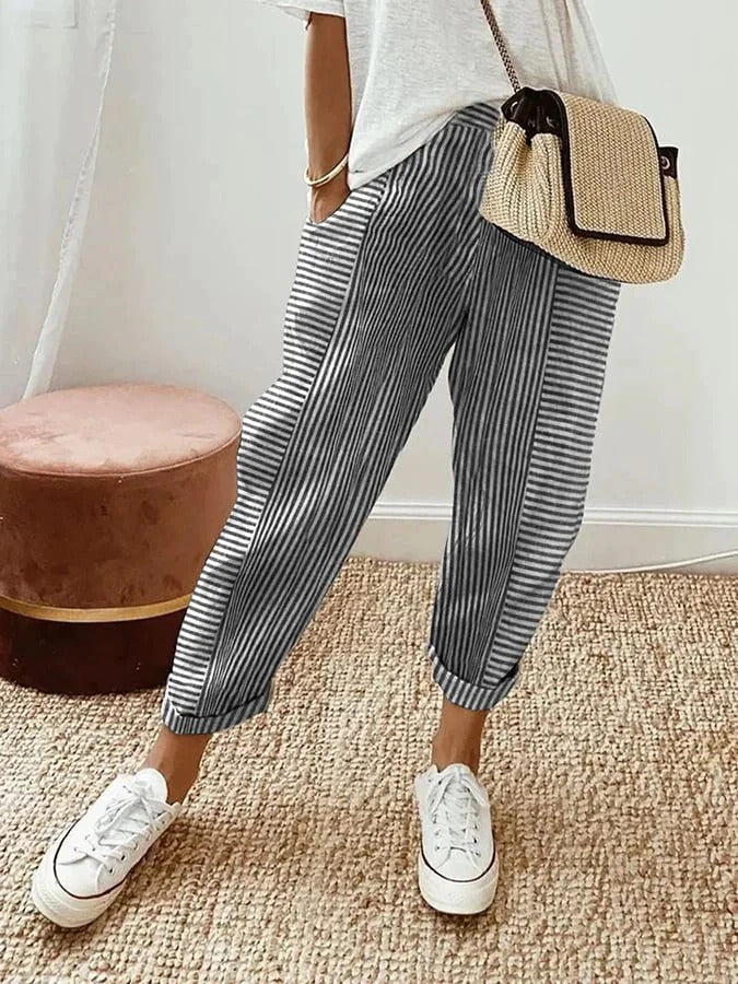 Savannah Relaxed Striped Pants - Lightweight Fabric with Adjustable Waist 2