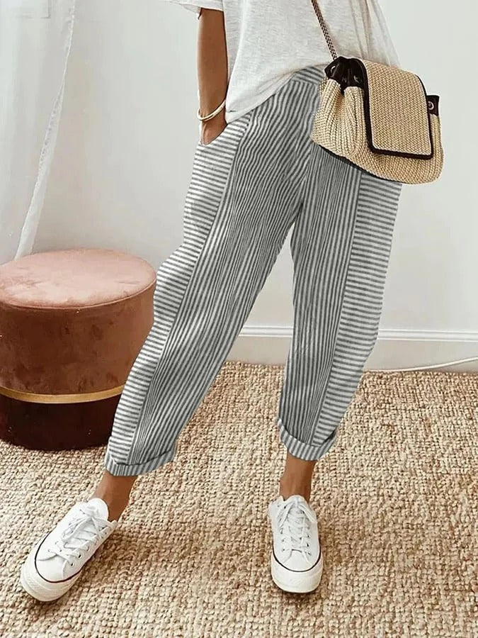 Savannah Relaxed Striped Pants - Lightweight Fabric with Adjustable Waist 4