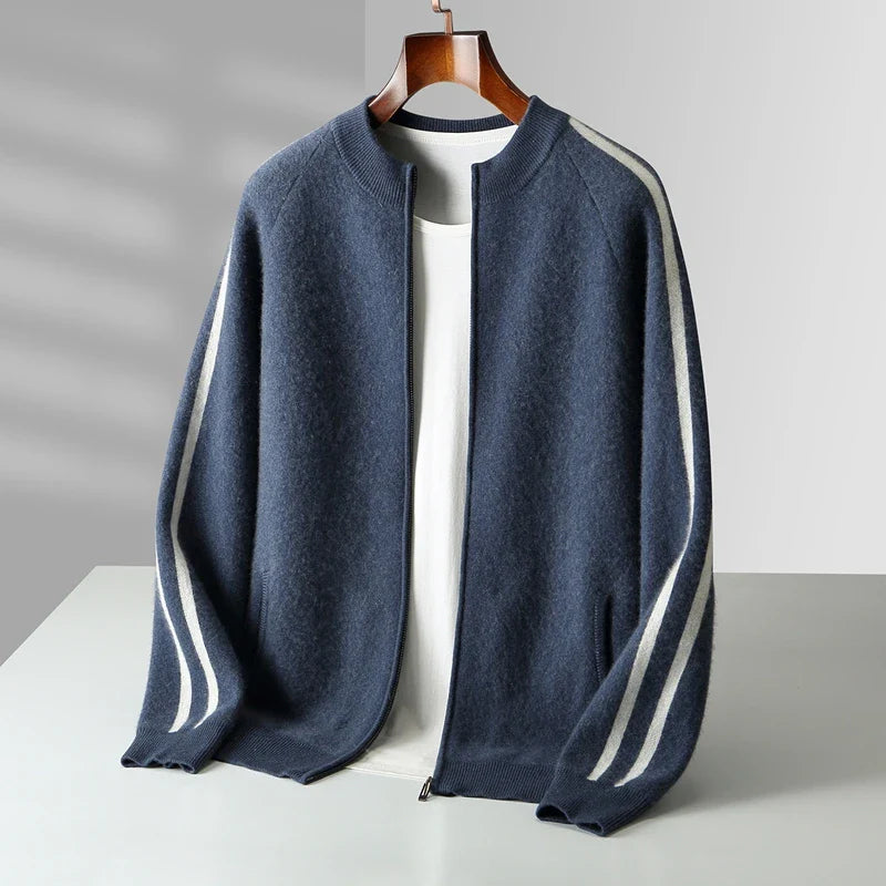 Roosebelt Men’s Wool Cardigan – Pure Wool Knit with Dual-Zip Closure