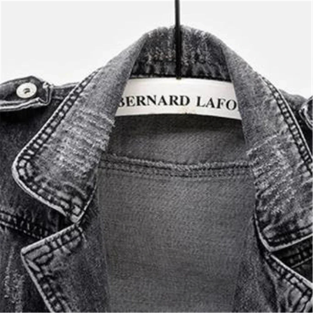 Elara Women’s Denim Vest – Washed Gray Moto Style with Zipper Details