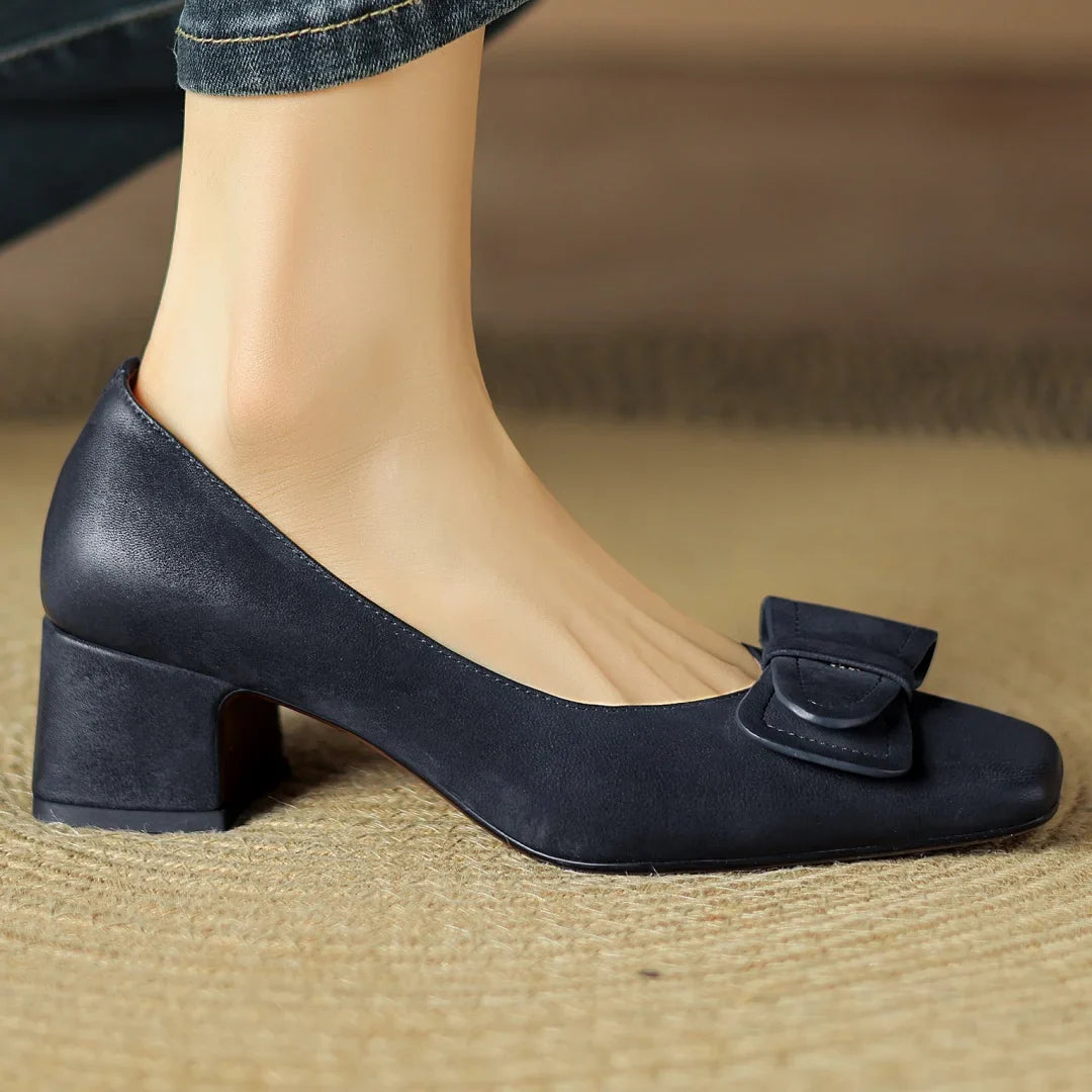 Marigold Women’s Leather Pump Heels – Square Toe Bow Detail Slip-On Shoes