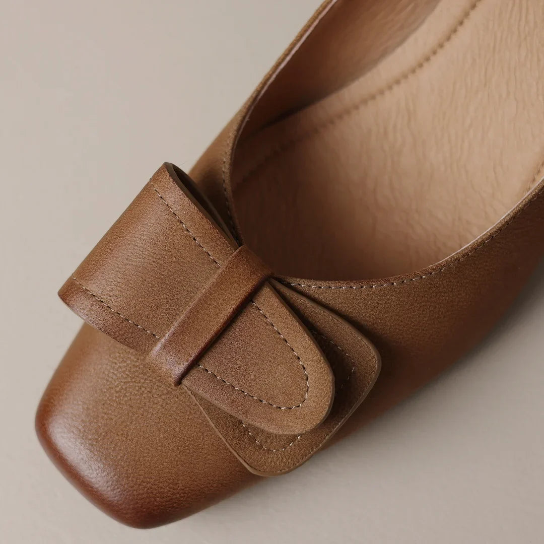 Marigold Women’s Leather Pump Heels – Square Toe Bow Detail Slip-On Shoes