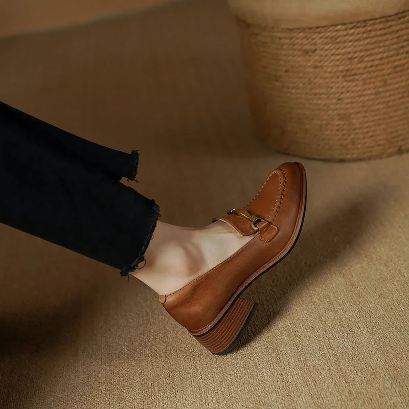 Cristy Women’s Leather Loafers – Heeled Slip-On Dress Shoes with Gold Horsebit Detail