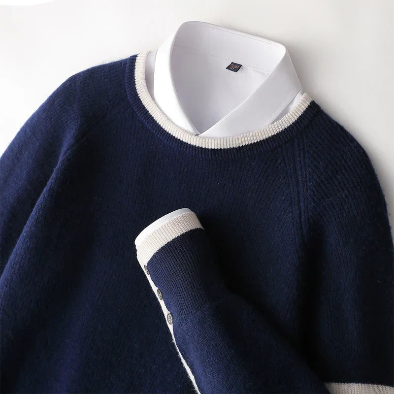 Romano Men’s Knit Sweater – Wool Pullover with Contrast Stripe Detail