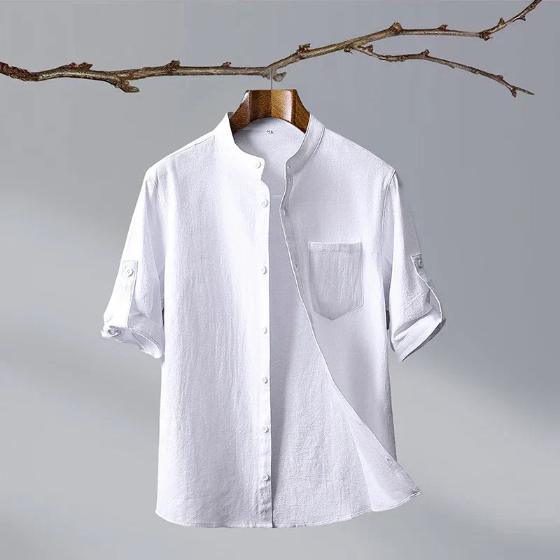 Ethan Relaxed Cotton Mandarin Collar Shirt – Soft Stretch Casual Shirt