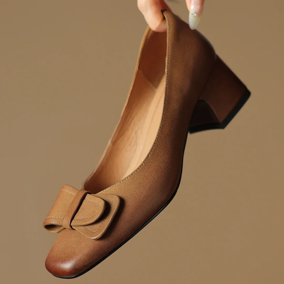 Marigold Women’s Leather Pump Heels – Square Toe Bow Detail Slip-On Shoes