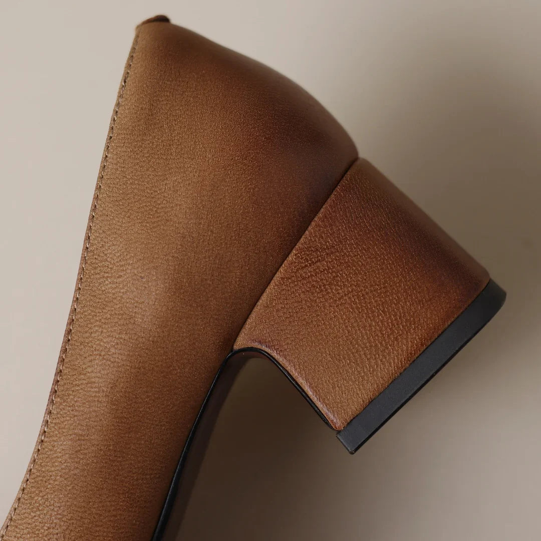 Marigold Women’s Leather Pump Heels – Square Toe Bow Detail Slip-On Shoes