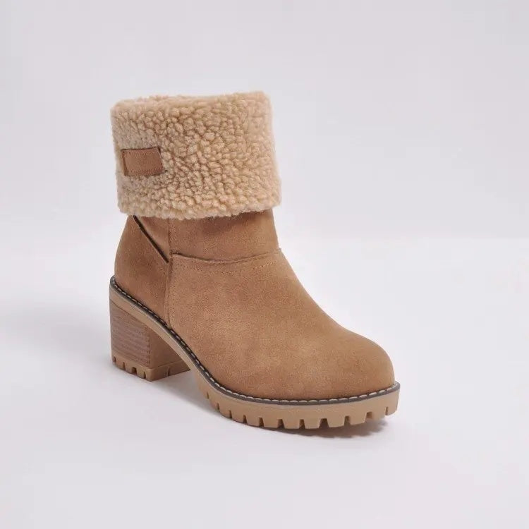 Avery Women’s Suede Ankle Boots – Plush Fur-Lined Block Heel