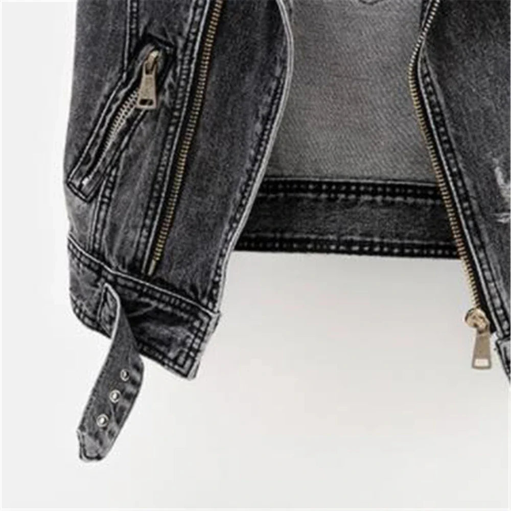 Elara Women’s Denim Vest – Washed Gray Moto Style with Zipper Details