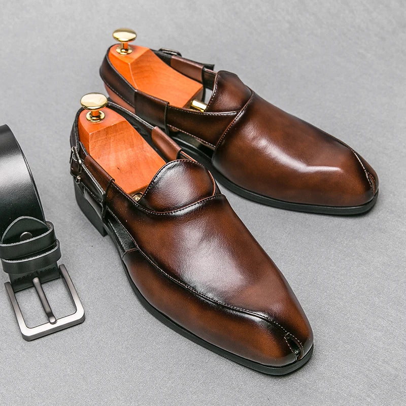 Camden Men’s Leather Loafers – Square-Toe Cutout Design with Slingback Strap