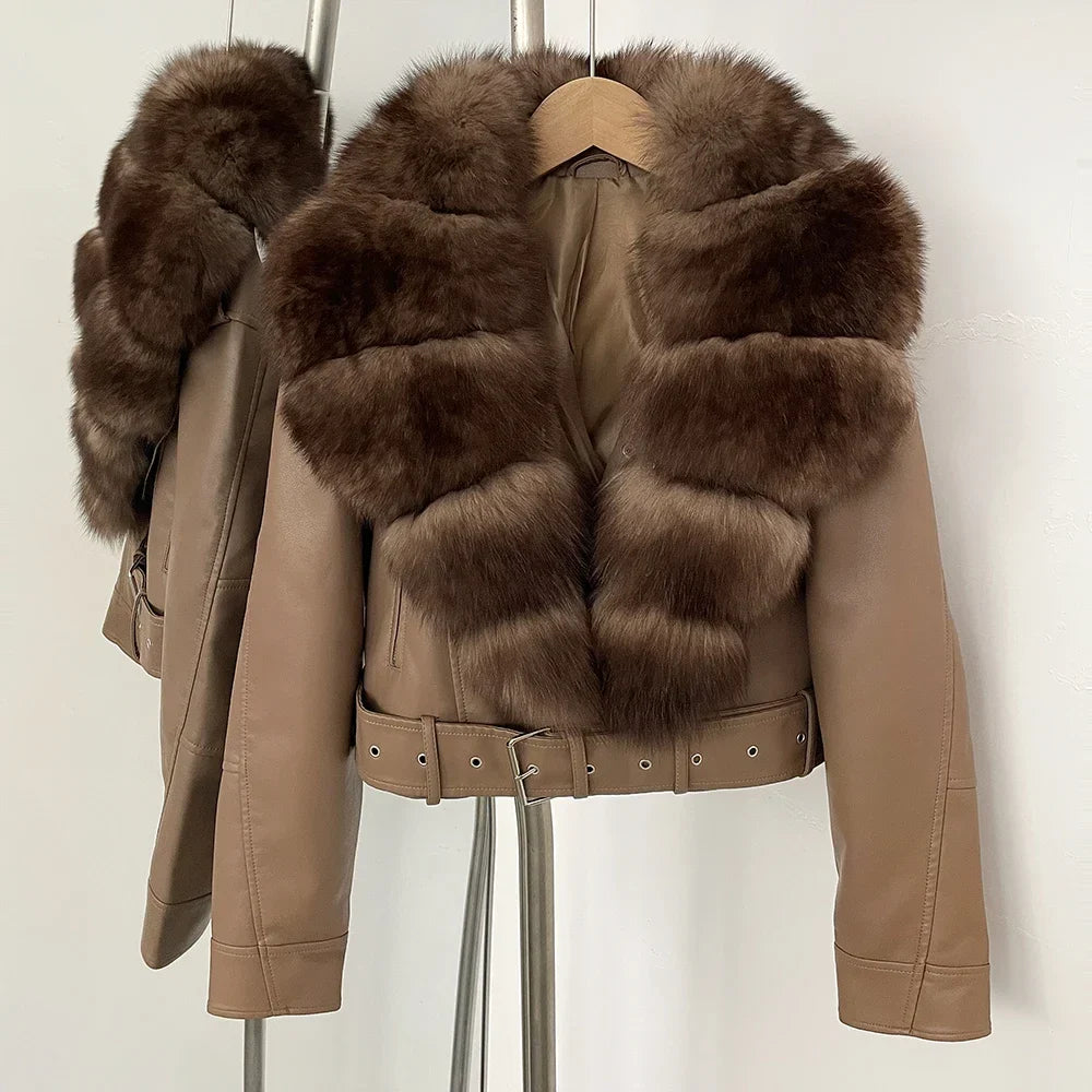 Rosa Women’s Vegan Leather Jacket – Faux Fox Fur Collar & Cropped Fit
