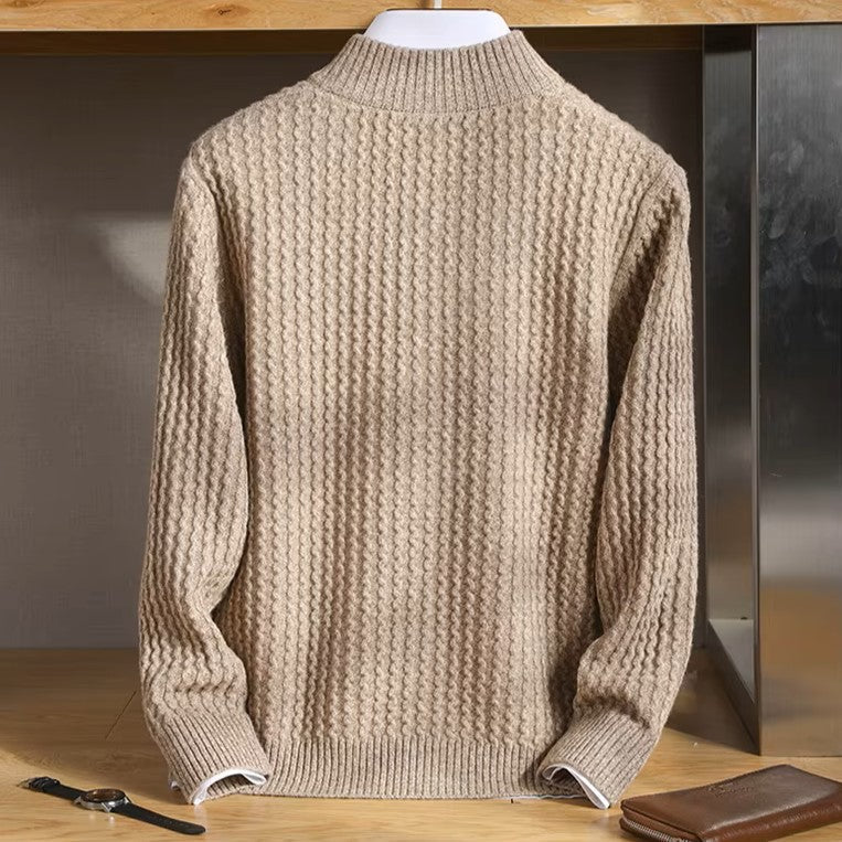 Esteban Men’s Zip Sweater – Lightweight  Merino Wool with Waffle-Knit Texture