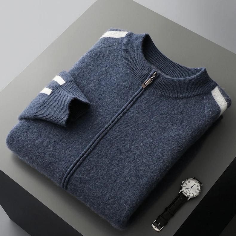 Roosebelt Men’s Wool Cardigan – Pure Wool Knit with Dual-Zip Closure