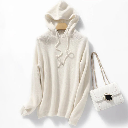 Alona Women’s Knit Ribbed Hoodie – Soft Wool Blend with Relaxed Fit Sweater