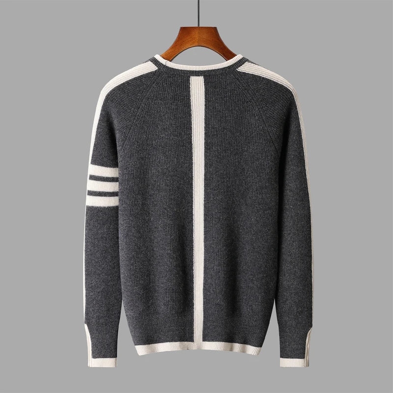Romano Men’s Knit Sweater – Wool Pullover with Contrast Stripe Detail