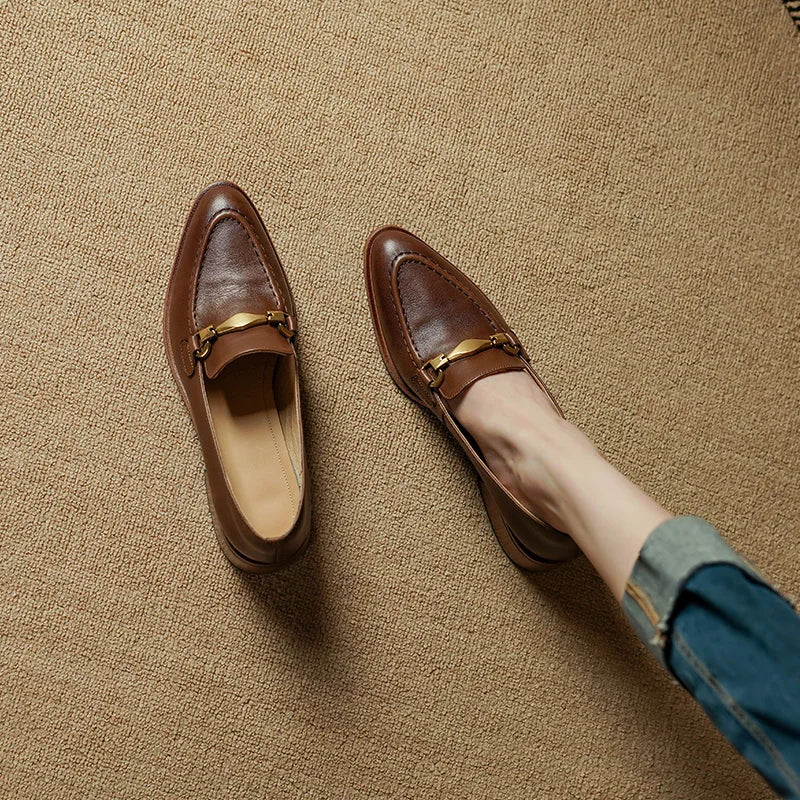 Cristy Women’s Leather Loafers – Heeled Slip-On Dress Shoes with Gold Horsebit Detail