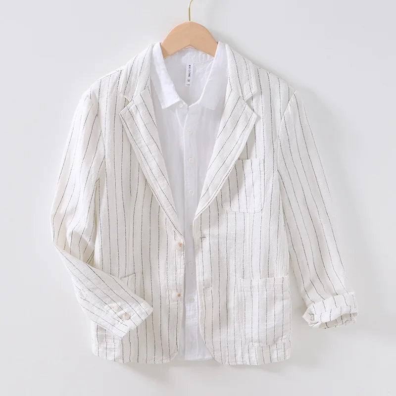 Wesley Men’s Linen Blazer –Organic Pinstripe Jacket with Classic Closure